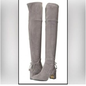 New Tory Burch Suede Laila Over the Knee Heeled Boots Bow  Decal Gray Grey 9.5